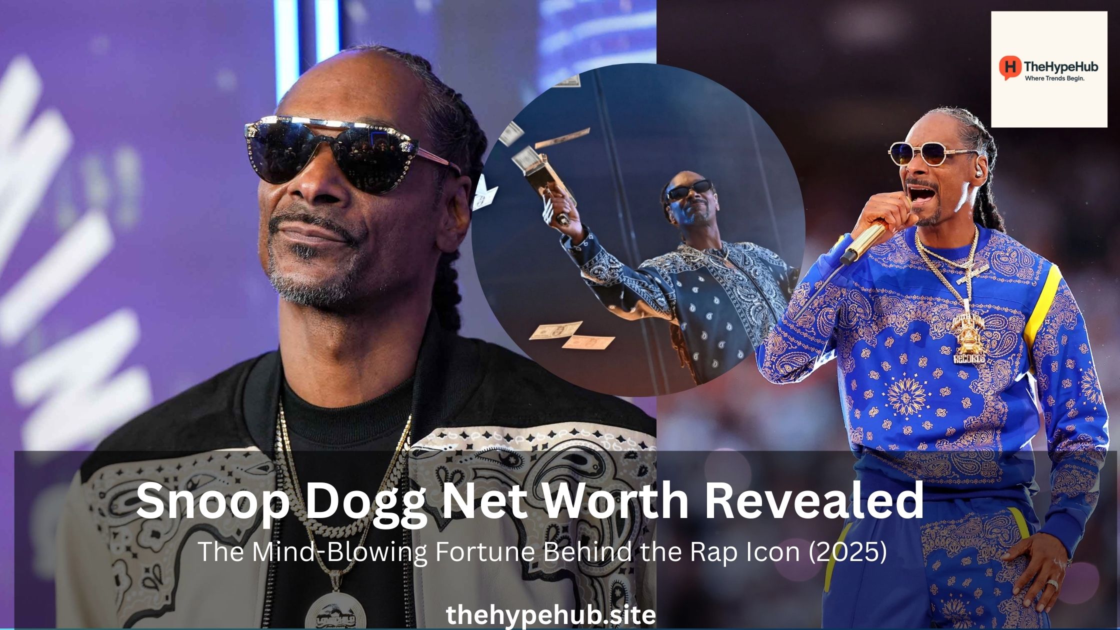 Snoop Dogg net worth 2025 breakdown: the rapper and mogul posing at an event, representing his music earnings, Death Row Records, cannabis business and real estate portfolio.