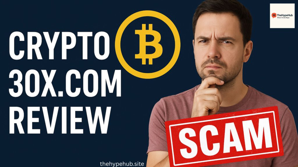Digital banner graphic representing Crypto 30x .com review with futuristic cryptocurrency theme